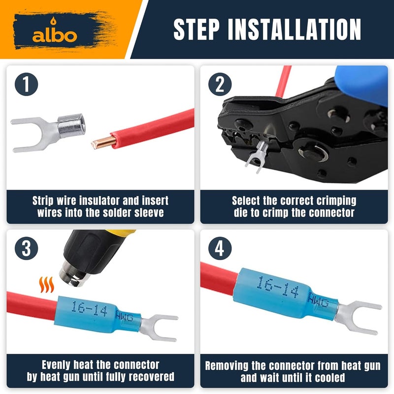 ALBO 150PCS Blue Heat Shrink Fork Spade Connectors #10 – 16-14 AWG Tinned Copper Terminals, Waterproof Wire Crimp Kit for Automotive, Marine, Speaker & Electrical Wiring - Image 3